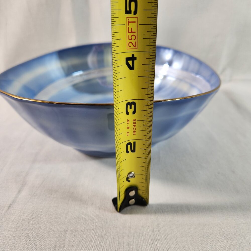 Japanese Ceramic Swirl Bowl Blue White Elongated Edge * Footed Shiny Inner Base - Picture 14 of 16